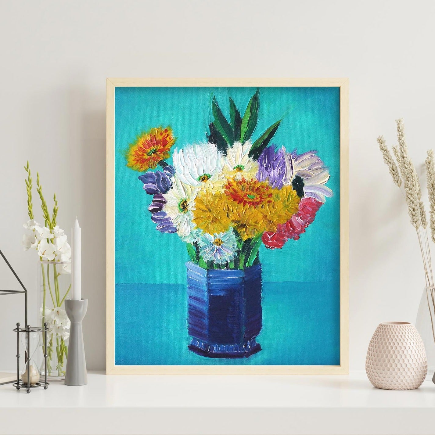 Bouquet of Flowers in a Blue Vase Print
