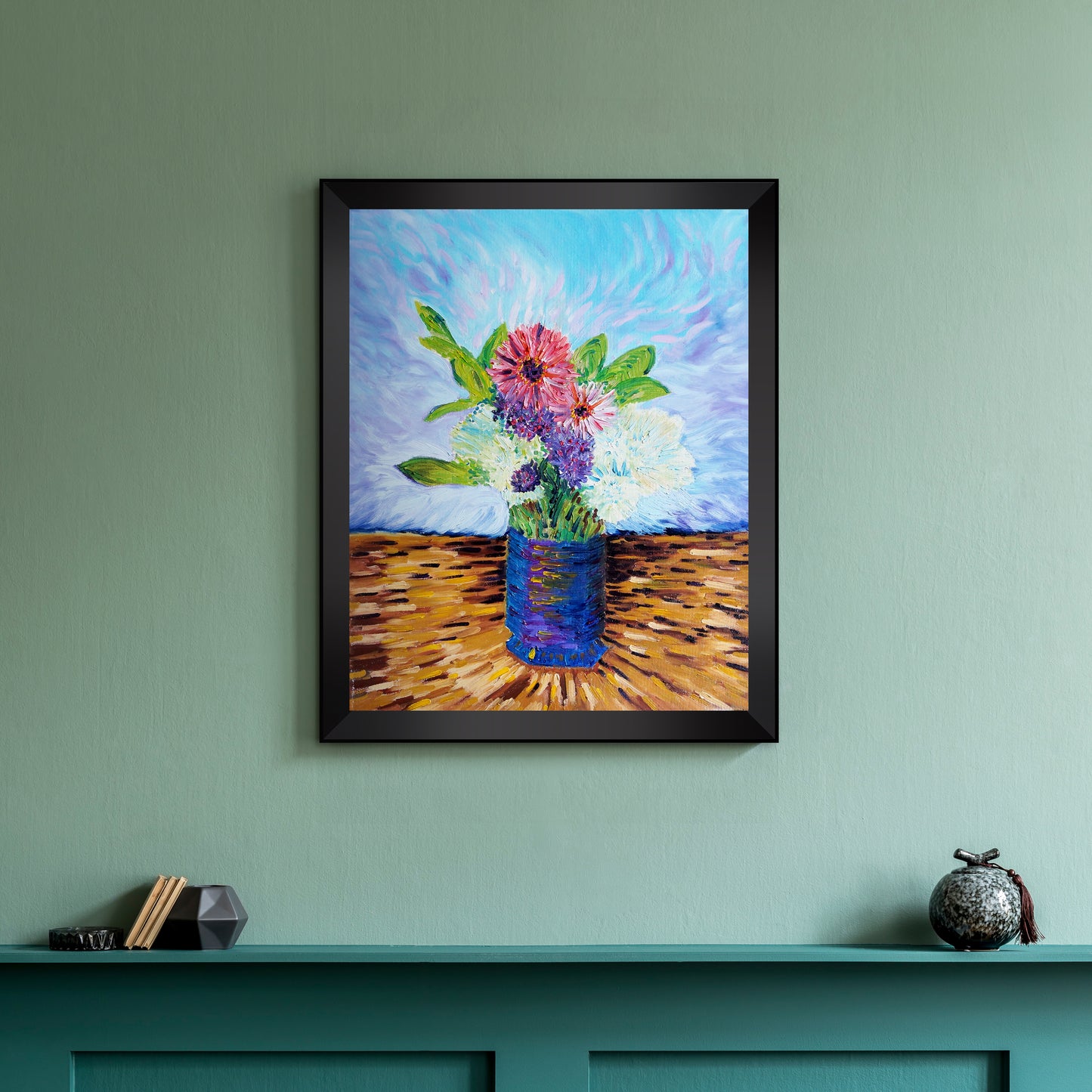 Bouquet of Flowers 2 Oil Painting - Art Print in Black Frame