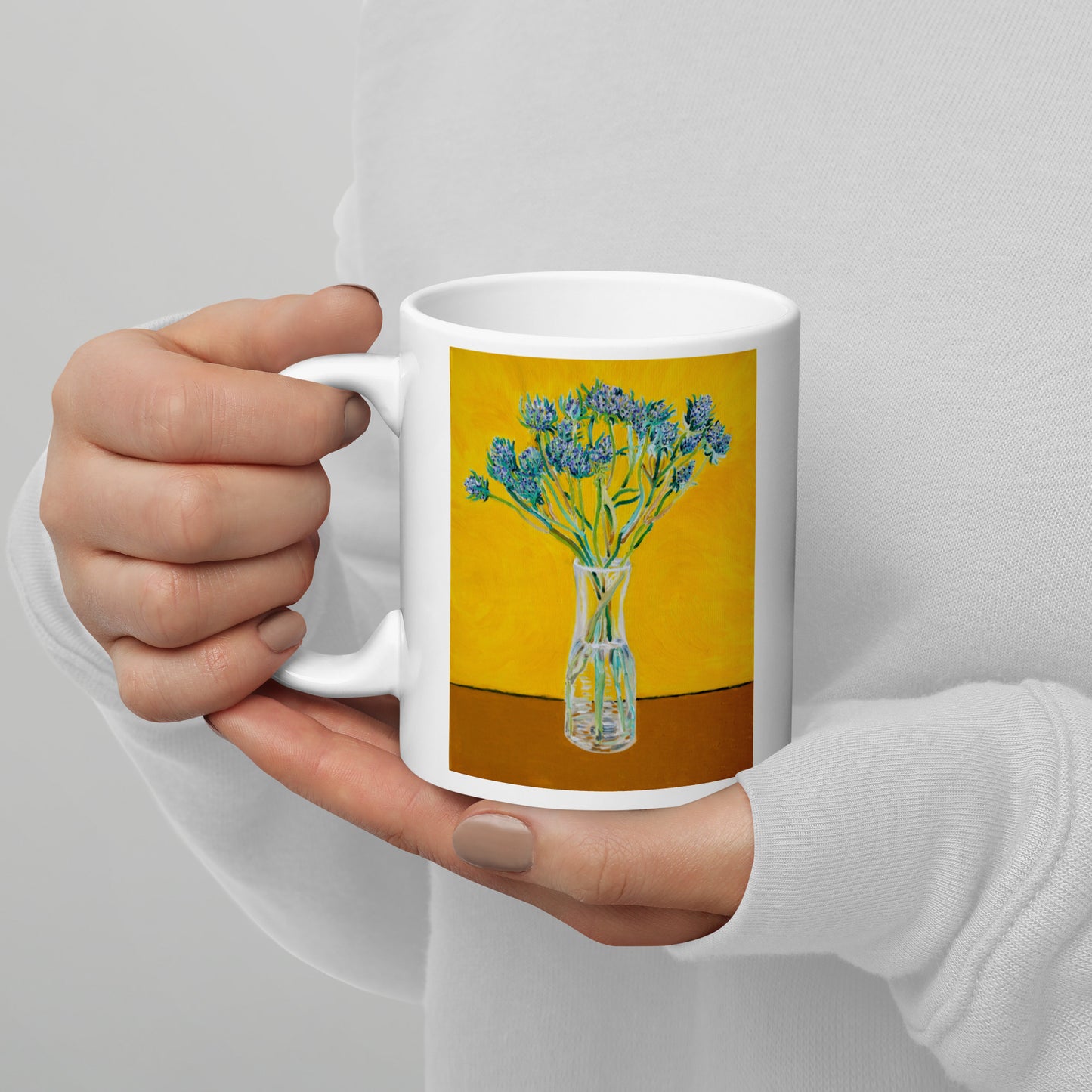 Bouquet of Flower Thistles Oil Painting Art - White Glossy Mug