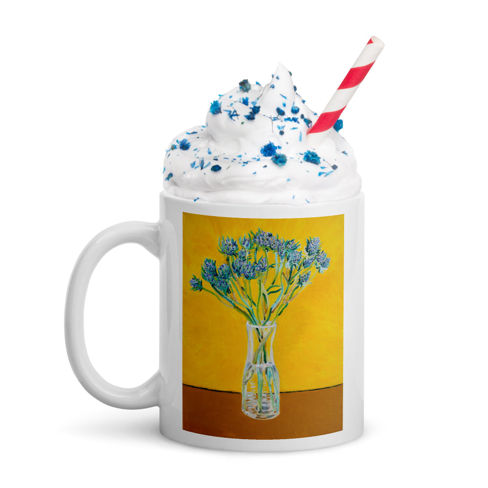 Bouquet of Flower Thistles Oil Painting Art - White Glossy Mug