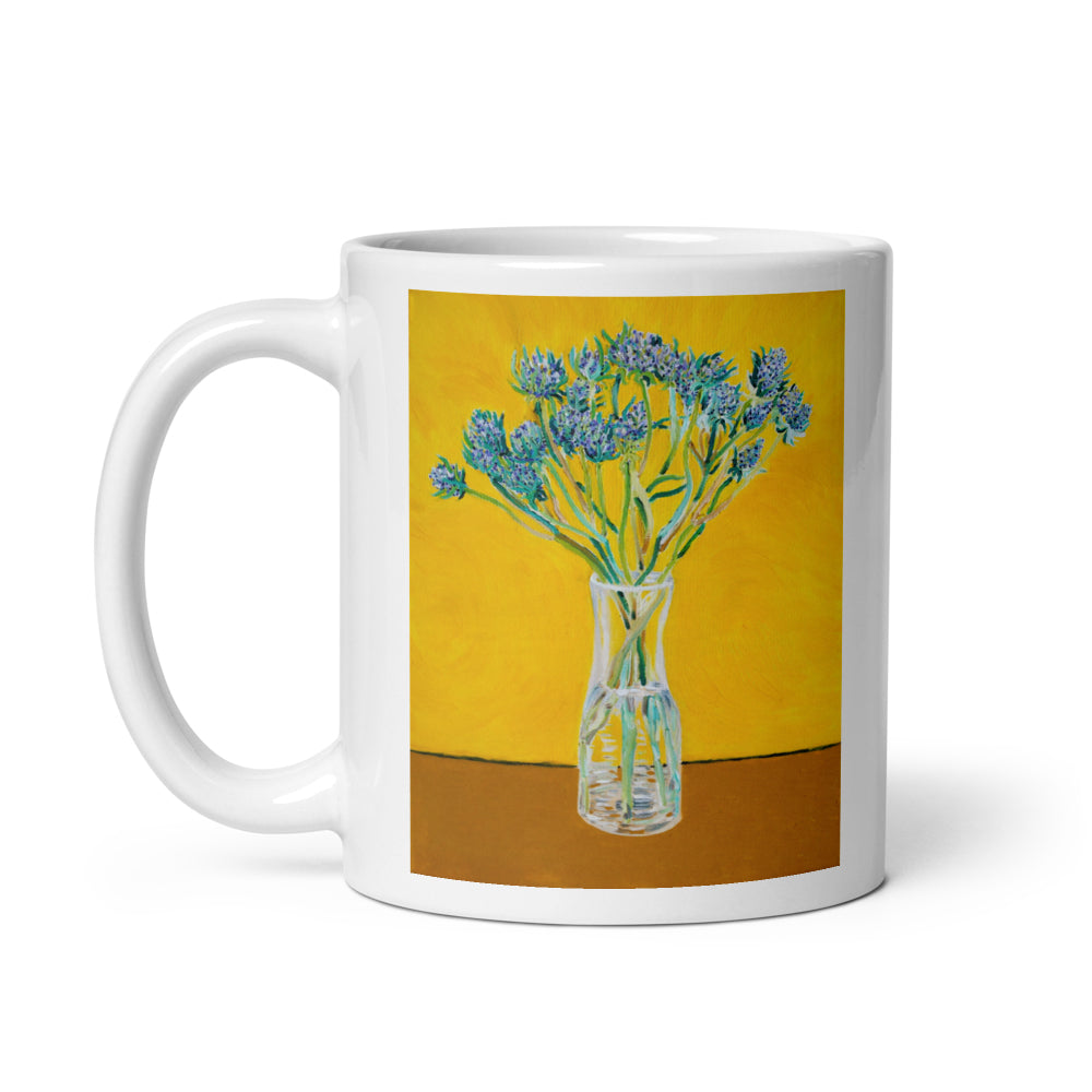 Bouquet of Flower Thistles Oil Painting Art - White Glossy Mug