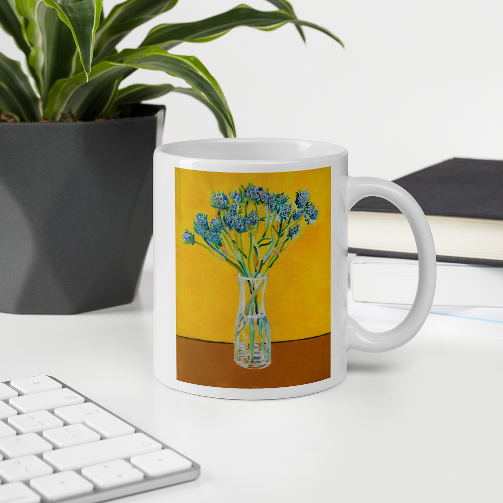 Bouquet of Flower Thistles Oil Painting Art - White Glossy Mug